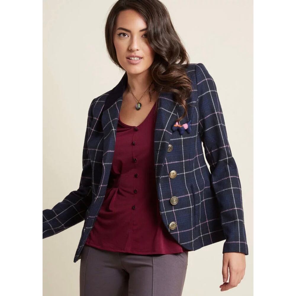 Joe Browns Refreshed Plaid Blazer Blue Pink Women’s 12  Professional Wool Blend